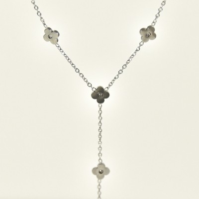 COLLIER CRAVATE TREFLES STRASS ACIER INOX SILVER PETIT PRIX
