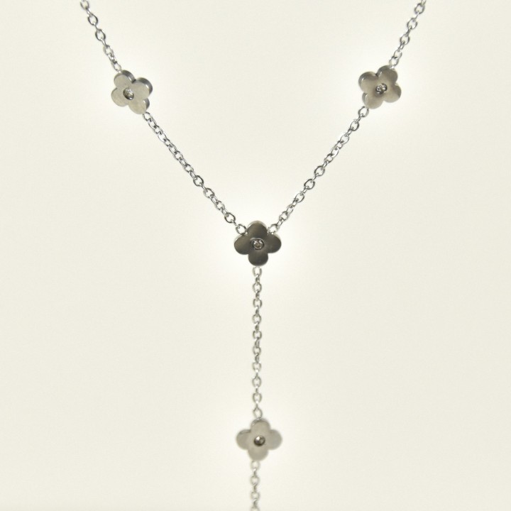COLLIER CRAVATE TREFLES STRASS ACIER INOX SILVER PETIT PRIX
