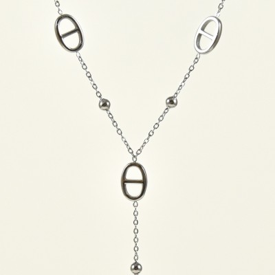 COLLIER CRAVATE PERLES MAILLONS MARINE ACIER INOX SILVER PETIT PRIX