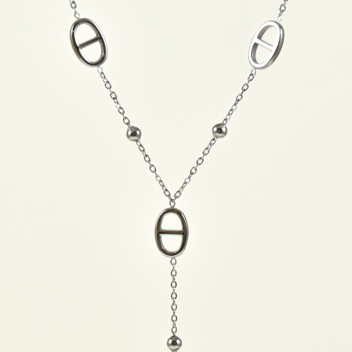 COLLIER CRAVATE PERLES MAILLONS MARINE ACIER INOX SILVER PETIT PRIX