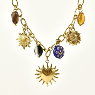 COLLIER GROSSE MAILLE CHARMS COEUR SOLEIL ACIER INOX GOLD PETIT PRIX