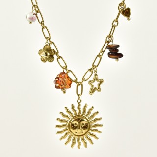 COLLIER GROSSE MAILLE CHARMS SOLEIL ETOILE ACIER INOX GOLD PETIT PRIX