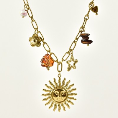 COLLIER GROSSE MAILLE CHARMS SOLEIL ETOILE ACIER INOX GOLD PETIT PRIX