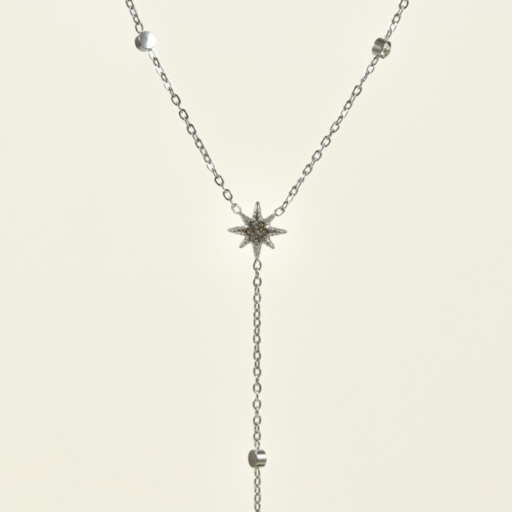 COLLIER CRAVATE ETOILES STRASS ACIER INOX SILVER PETIT PRIX