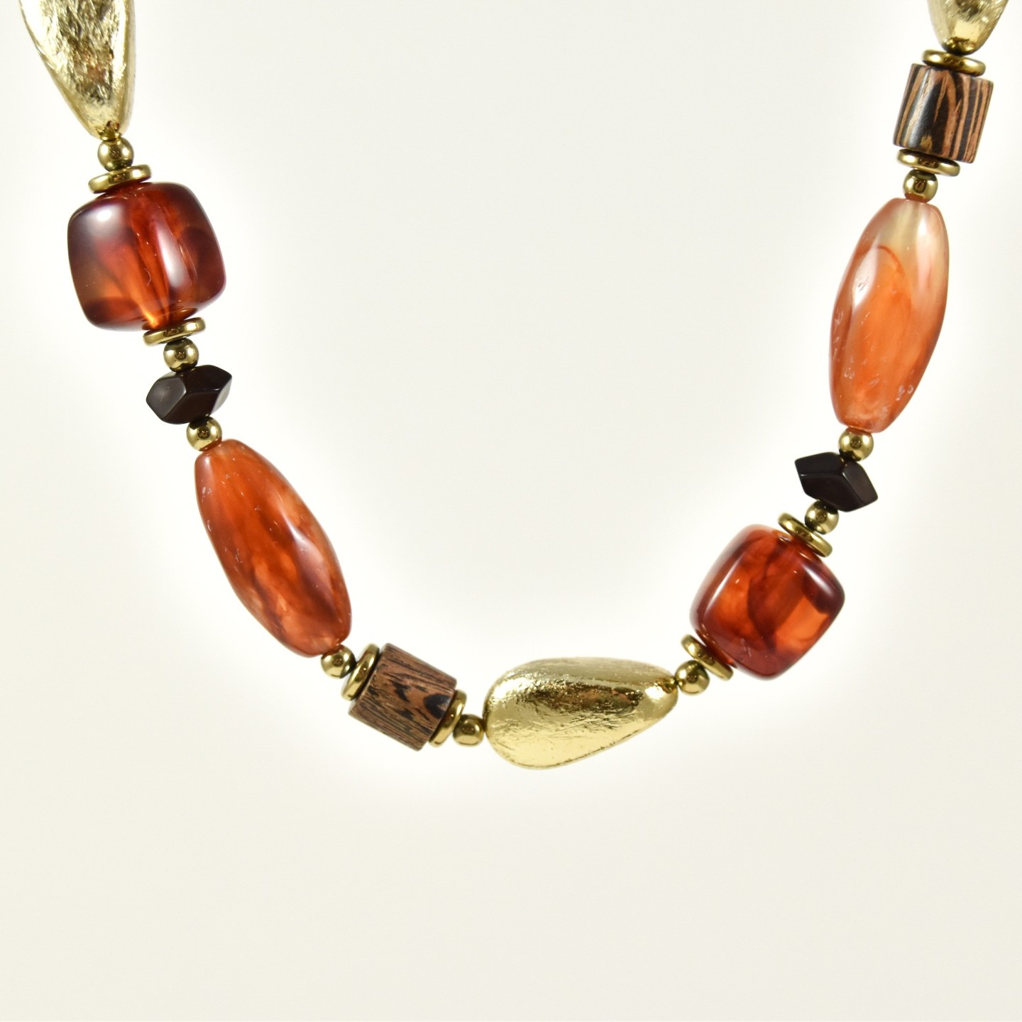 Collier Perles Résine Orange Et Acier Inoxydable Doré - Fait Main, 40 Cm, Neuf Avec étiquettes