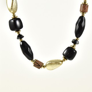 COLLIER PERLES NOIRES ET GOLD ACIER INOX GOLD PETIT PRIX