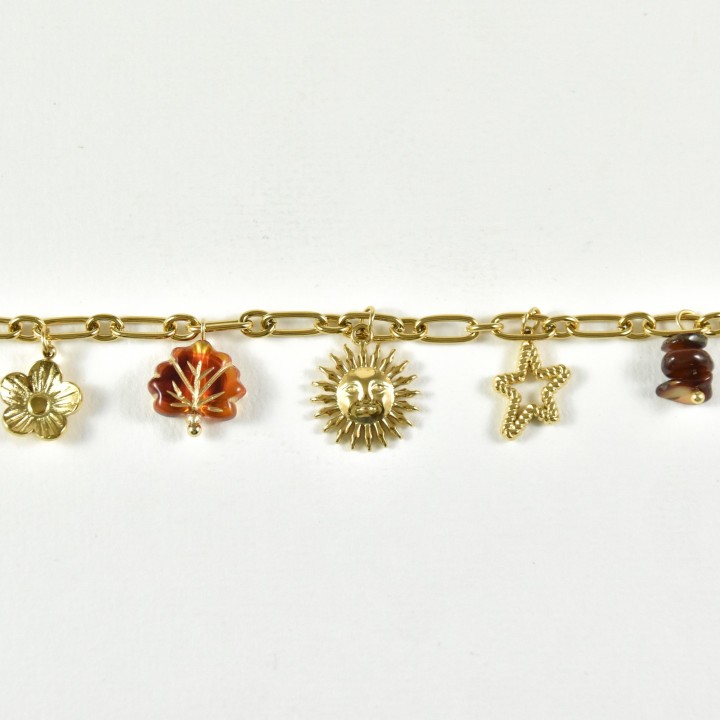 BRACELET PERLES GRIS METALLISE MEDAILLON ACIER INOX GOLD PETIT PRIX