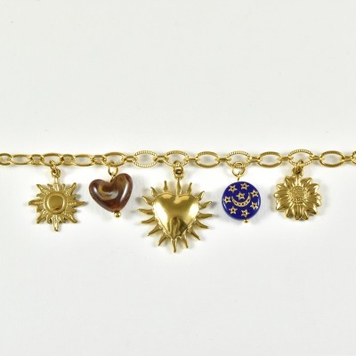 BRACELET PERLES GRIS METALLISE MEDAILLON ACIER INOX GOLD PETIT PRIX
