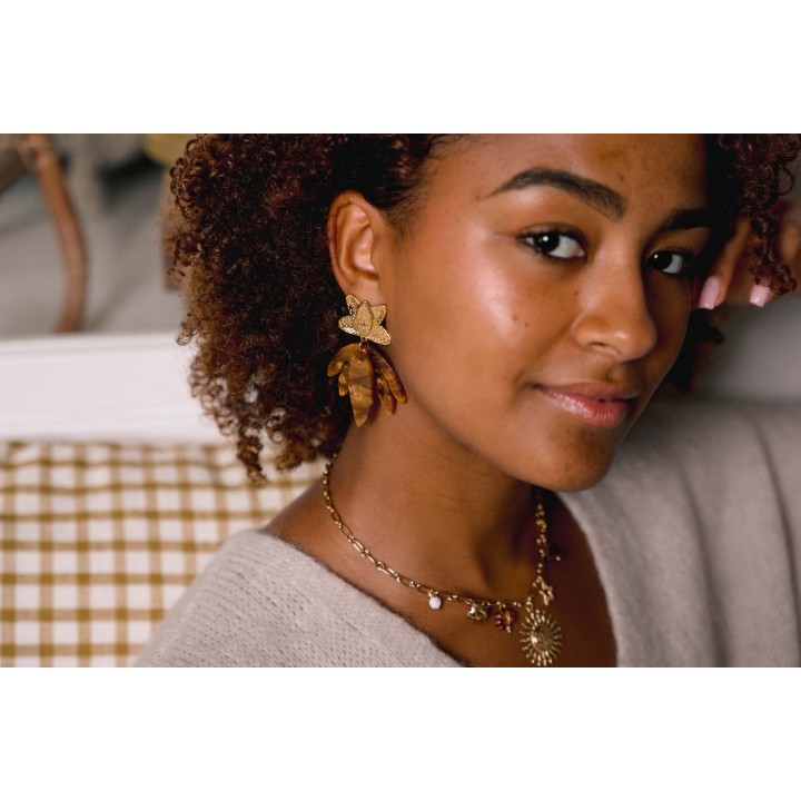 BOUCLES FLEURS MARRONS ACIER INOXYDABLE GOLD PETIT PRIX