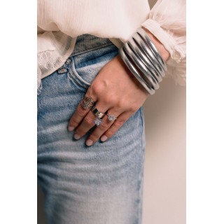 BAGUE LARGE FLEUR STRASS  ACIER INOXYDABLE SILVER PETIT PRIX