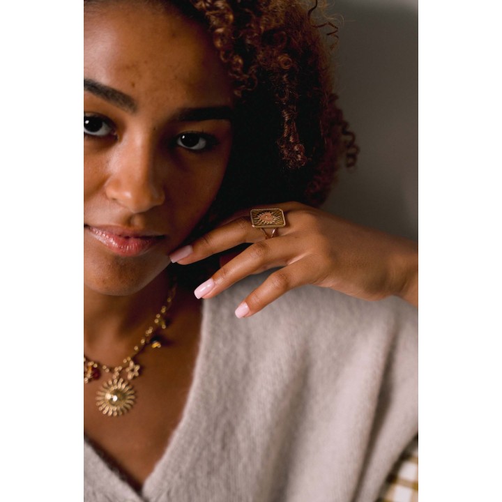 BAGUE RECTANGLE COEUR SACRE ROSE ACIER INOXYDABLE GOLD PETIT PRIX
