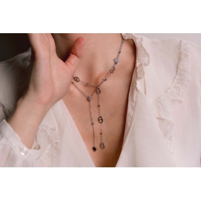 COLLIER CRAVATE PERLES MAILLONS MARINE ACIER INOX SILVER PETIT PRIX