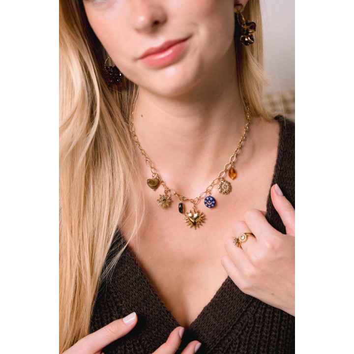 COLLIER GROSSE MAILLE CHARMS COEUR SOLEIL ACIER INOX GOLD PETIT PRIX