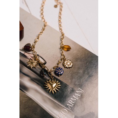COLLIER GROSSE MAILLE CHARMS COEUR SOLEIL ACIER INOX GOLD PETIT PRIX