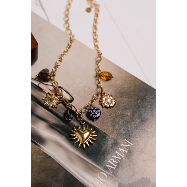 COLLIER GROSSE MAILLE CHARMS COEUR SOLEIL ACIER INOX GOLD PETIT PRIX