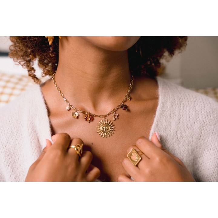 COLLIER GROSSE MAILLE CHARMS SOLEIL ETOILE ACIER INOX GOLD PETIT PRIX