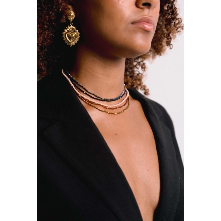 COLLIER PERLES FACETTES GRIS METAL ACIER INOX GOLD PETIT PRIX