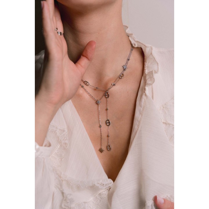 COLLIER CRAVATE ETOILES STRASS ACIER INOX SILVER PETIT PRIX