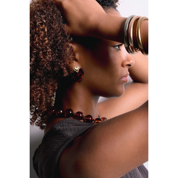 COLLIER GROSSES PERLES RONDES MARRONS ACIER INOX GOLD PETIT PRIX