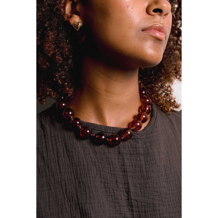 COLLIER GROSSES PERLES RONDES MARRONS ACIER INOX GOLD PETIT PRIX