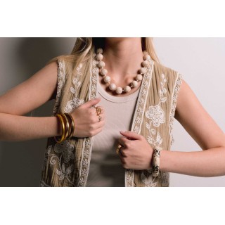 COLLIER GROSSES PERLES RONDES BEIGES ACIER INOX GOLD PETIT PRIX