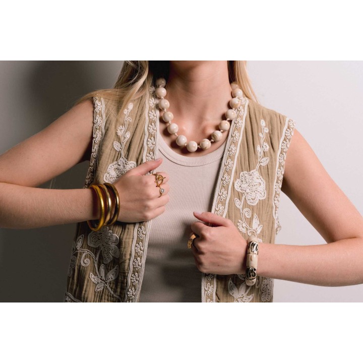 COLLIER GROSSES PERLES RONDES BEIGES ACIER INOX GOLD PETIT PRIX