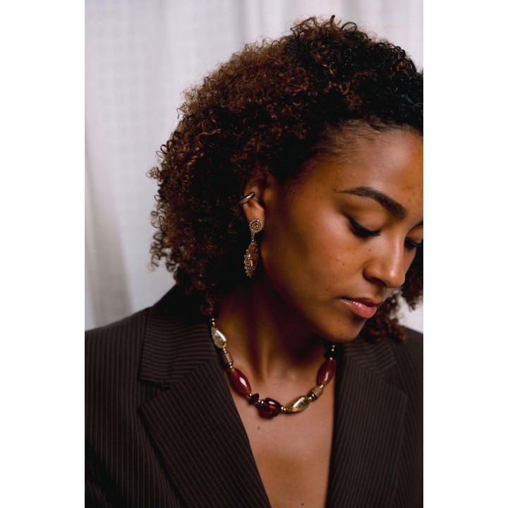 COLLIER PERLES MARRONS ET GOLD ACIER INOX GOLD PETIT PRIX
