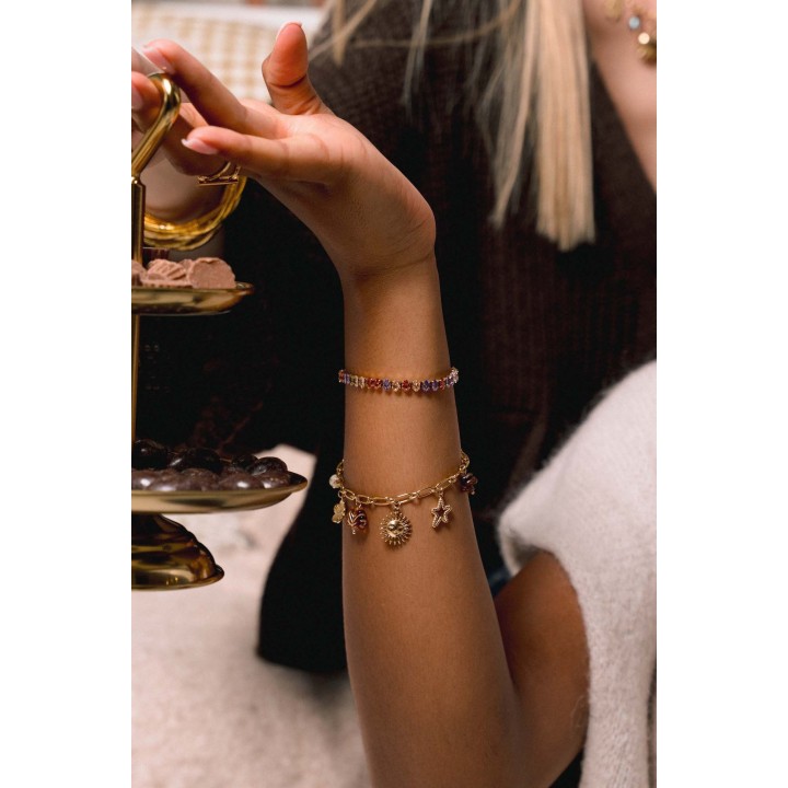 BRACELET PERLES GRIS METALLISE MEDAILLON ACIER INOX GOLD PETIT PRIX