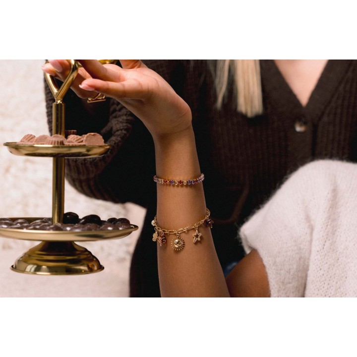 BRACELET PERLES GRIS METALLISE MEDAILLON ACIER INOX GOLD PETIT PRIX