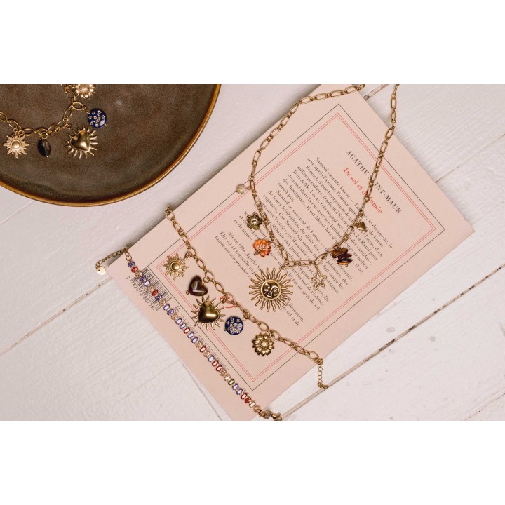 COLLIER GROSSE MAILLE CHARMS SOLEIL ETOILE ACIER INOX GOLD PETIT PRIX