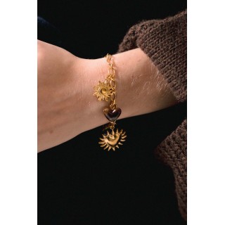 BRACELET PERLES GRIS METALLISE MEDAILLON ACIER INOX GOLD PETIT PRIX
