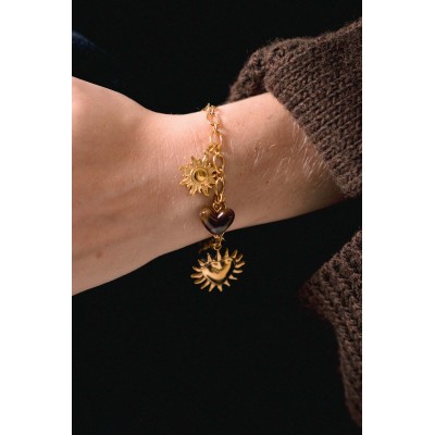 BRACELET PERLES GRIS METALLISE MEDAILLON ACIER INOX GOLD PETIT PRIX