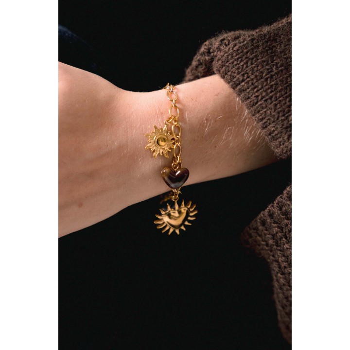 BRACELET PERLES GRIS METALLISE MEDAILLON ACIER INOX GOLD PETIT PRIX