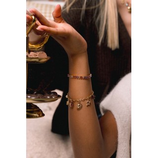 BRACELET PERLES GRIS METALLISE MEDAILLON ACIER INOX GOLD PETIT PRIX