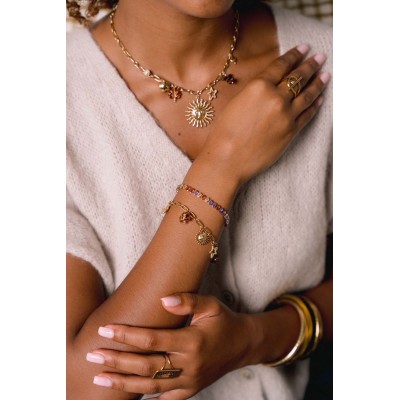 BRACELET PERLES GRIS METALLISE MEDAILLON ACIER INOX GOLD PETIT PRIX