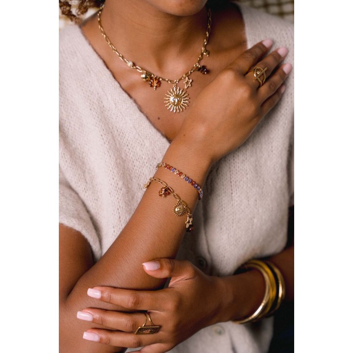 BRACELET PERLES GRIS METALLISE MEDAILLON ACIER INOX GOLD PETIT PRIX