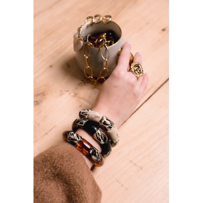 BRACELET PERLES GRIS METALLISE MEDAILLON ACIER INOX GOLD PETIT PRIX