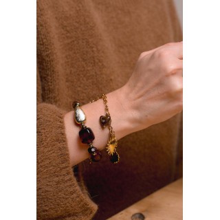 BRACELET PERLES GRIS METALLISE MEDAILLON ACIER INOX GOLD PETIT PRIX