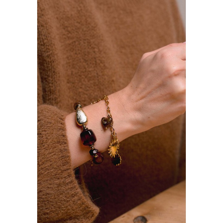 BRACELET PERLES GRIS METALLISE MEDAILLON ACIER INOX GOLD PETIT PRIX