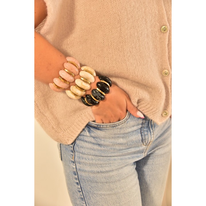 BRACELET PERLES GRIS METALLISE MEDAILLON ACIER INOX GOLD PETIT PRIX