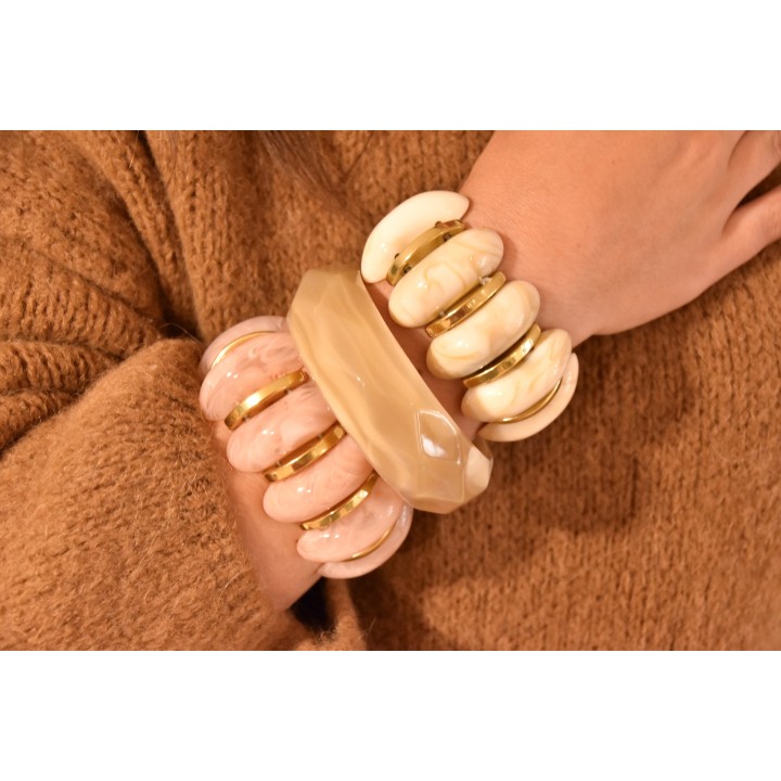 JONC ELASTIQUE RESINE BEIGE ACIER INOXYDABLE GOLD PETIT PRIX