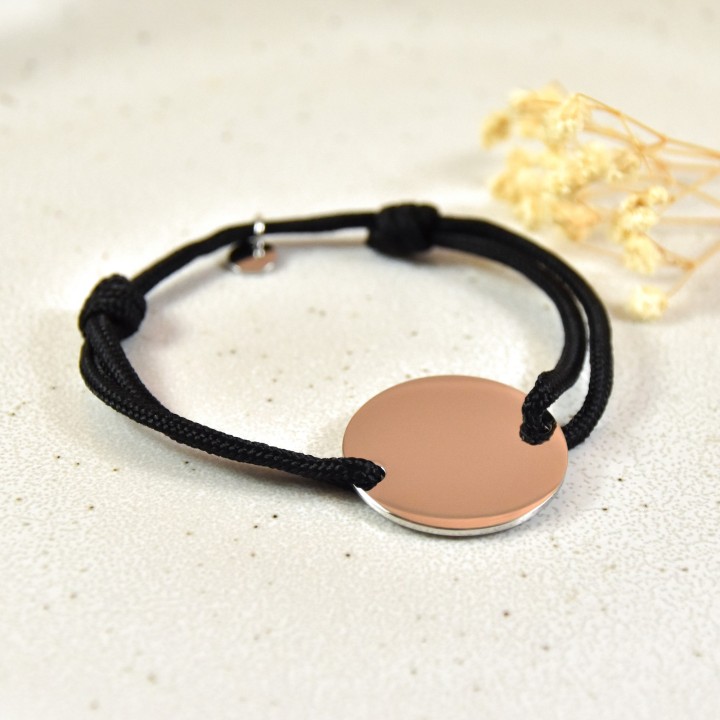 BRACELET CORDON MIXTE NOIR MEDAILLE PERSONNALISABLE ACIER INOX SILVER
