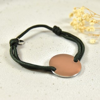 BRACELET CORDON MIXTE VERT MEDAILLE PERSONNALISABLE ACIER INOX SILVER