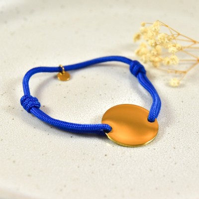 BRACELET CORDON MIXTE BLEU MEDAILLE PERSONNALISABLE ACIER INOX GOLD