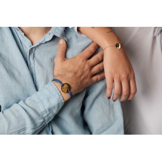 BRACELET CORDON MIXTE BLEU MEDAILLE PERSONNALISABLE ACIER INOX GOLD