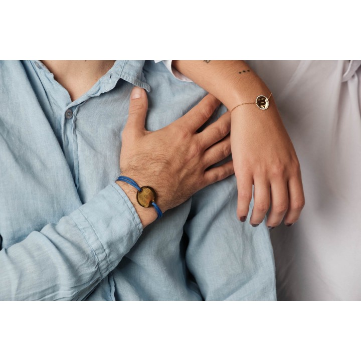 BRACELET CORDON MIXTE BLEU MEDAILLE PERSONNALISABLE ACIER INOX GOLD