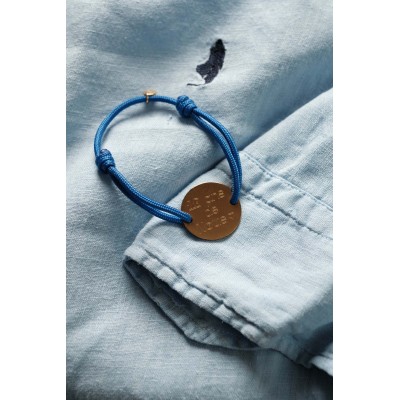 BRACELET CORDON MIXTE BLEU MEDAILLE PERSONNALISABLE ACIER INOX GOLD