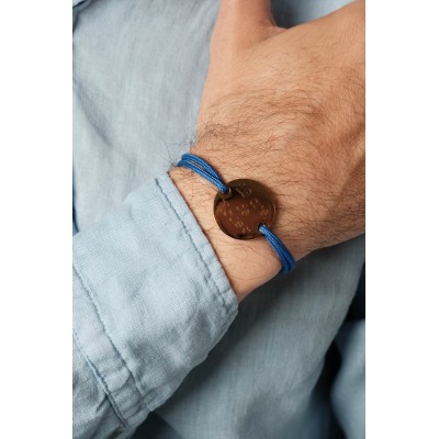 BRACELET CORDON MIXTE BLEU MEDAILLE PERSONNALISABLE ACIER INOX GOLD