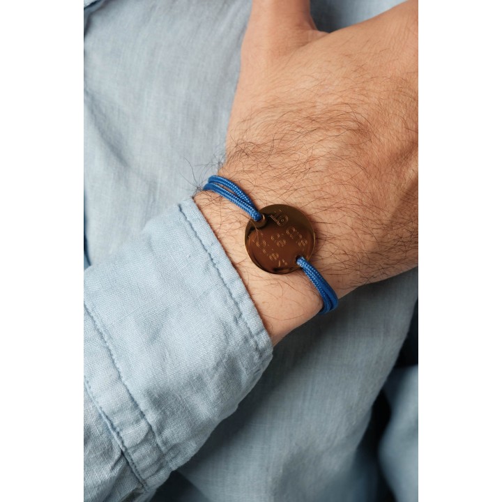 BRACELET CORDON MIXTE BLEU MEDAILLE PERSONNALISABLE ACIER INOX GOLD