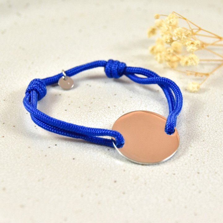 BRACELET CORDON MIXTE BLEU MEDAILLE PERSONNALISABLE ACIER INOX SILVER